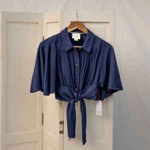 Maeve Navy Tie Front Button Up Cropped Collared Shirt